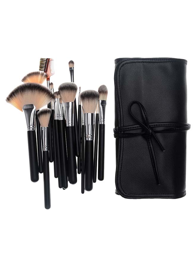 طقم فٌرش لمستحضرات التجميل مكون من 18 قطعة مع حقيبة أسود/بيج/فضي - Image 1