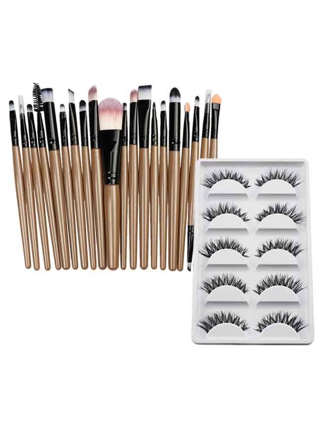 20-Piece Makeup Brush Set With 5 Pair Artificial Eyelashes Beige/Black - Image 1