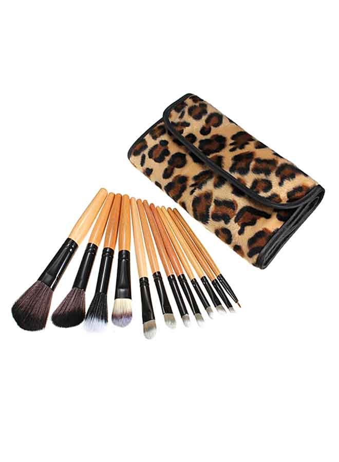 12-Piece Makeup Brush Set With Leopard Bag Beige/Black/Brown - Image 1