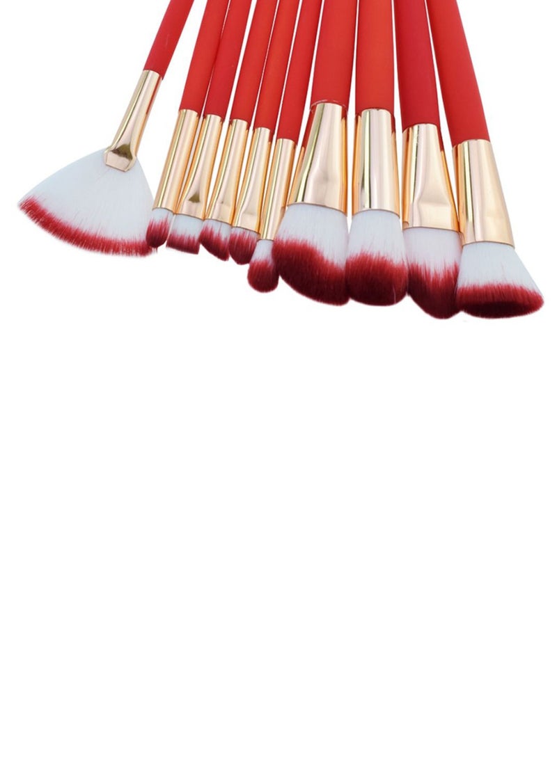 10-Piece Professional Makeup Brush Set With Bag Red/Gold/White - Image 2