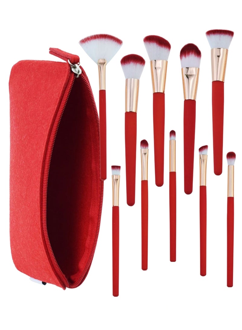 10-Piece Professional Makeup Brush Set With Bag Red/Gold/White - Image 1