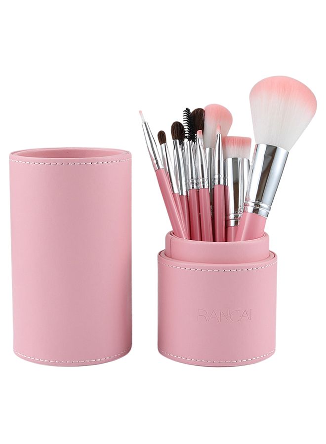 10-Piece Makeup Brush Set With Storage Bucket Pink/Silver - Image 1