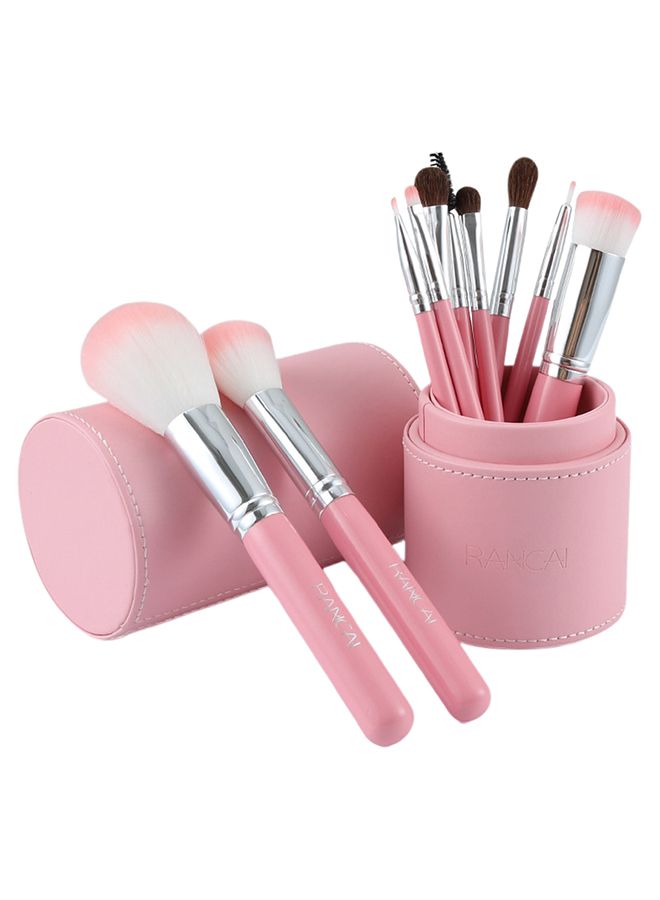 10-Piece Makeup Brush Set With Storage Bucket Pink/Silver - Image 2
