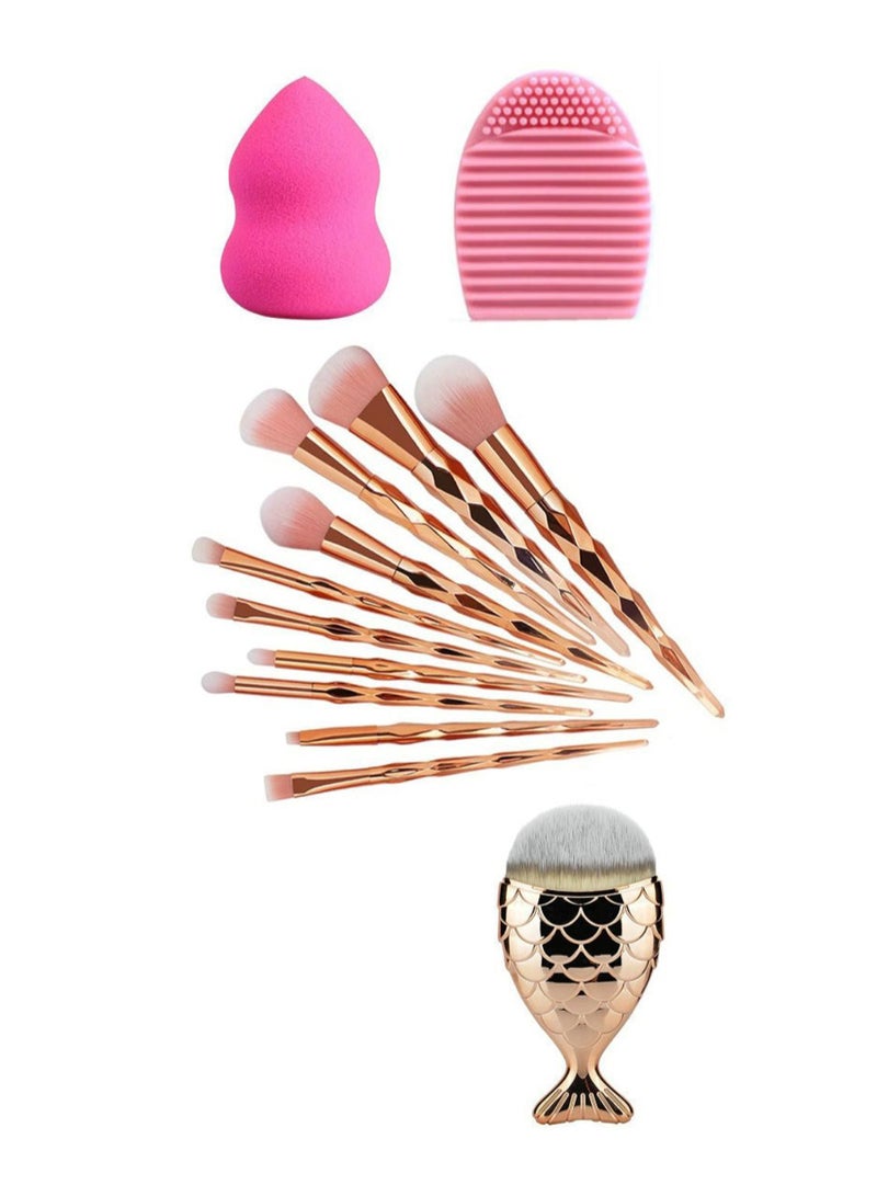 10-Piece Makeup Brush Set With Puff Brush Cleanser Egg And Fish Shape Brush Rose Gold/Pink/White - Image 1