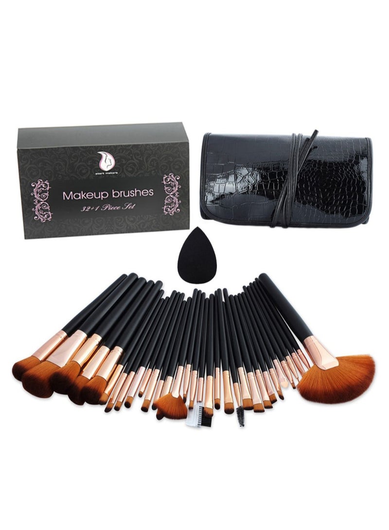 start makers 32-Piece Makeup Brush Set With Bag And Makeup Sponge Black/Gold/Brown - Image 1