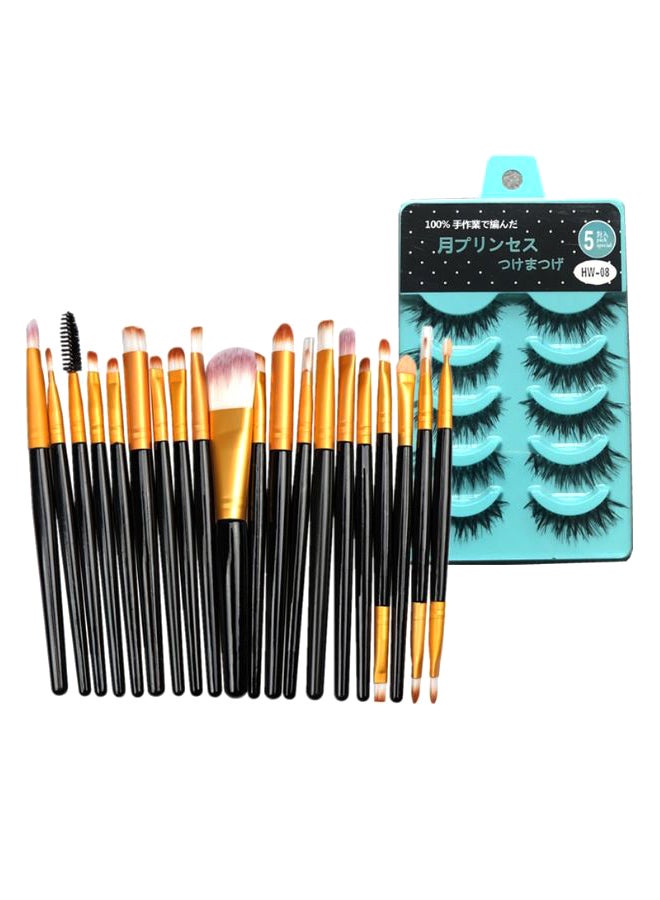 20-Piece Makeup Brush Set With 5 Pair 3D Thick Artificial Eyelashes Multicolour - Image 1
