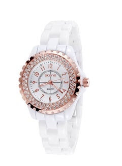 SKONE Women's Rhinestone Embedded Water Resistant Ceramic Quartz Analog Wrist Watch 0301 - 36 mm - White  - Image 1
