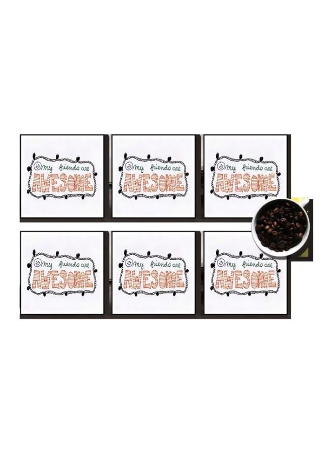 6-Piece Printed Coaster Set White/Black/Red 7x7cm