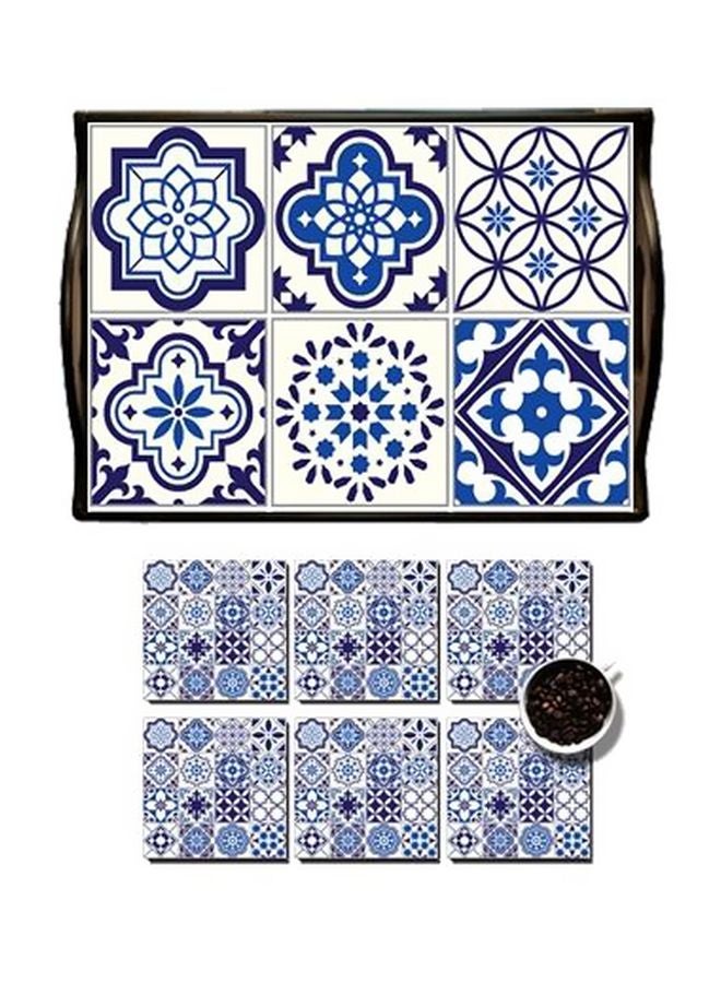 فوتو بلوك صينية تقديم مع حاملة أكواب أبيض/أزرق