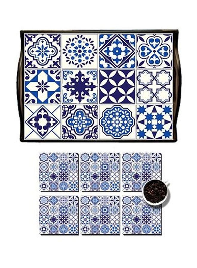 Photo Block 7-Piece Decorative Coaster With Andalusian Tray Set White/Blue 