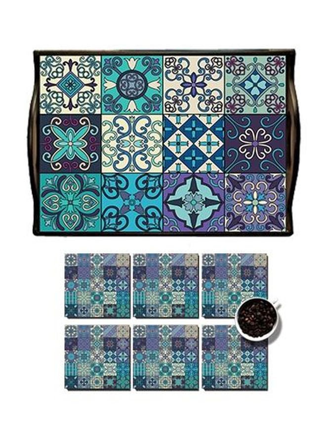 فوتو بلوك مجموعة حاملات أكواب مكونة من 6 قطع مع صينية مزخرفة بنقوش أندلسية متعدد الألوان