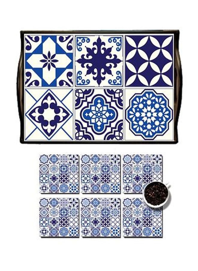 PHOTOBLOCK 7-Piece Coaster With Andalusian Tray White/Blue 
