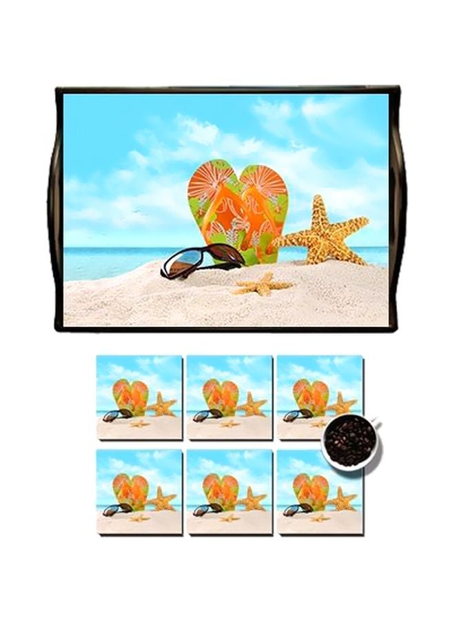 مجموعة حاملات أكواب مزخرفة مع صينية، من 6 قطع أزرق/بيج/برتقالي