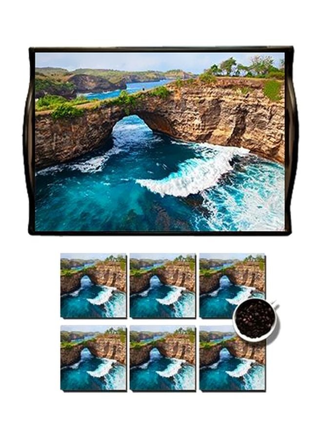 فوتو بلوك طقم حاملات أكواب من 7 قطع مع صينية تقديم أزرق/بني/أخضر