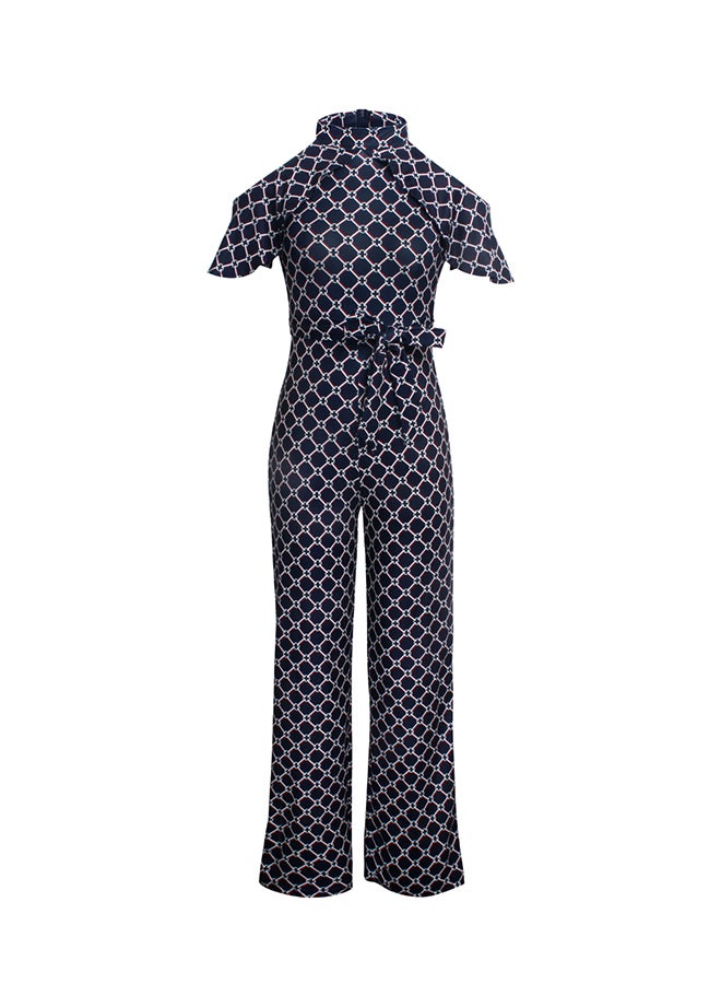 Fashion Digital Print Short Sleeve Jumpsuit Dark Blue - Image 1