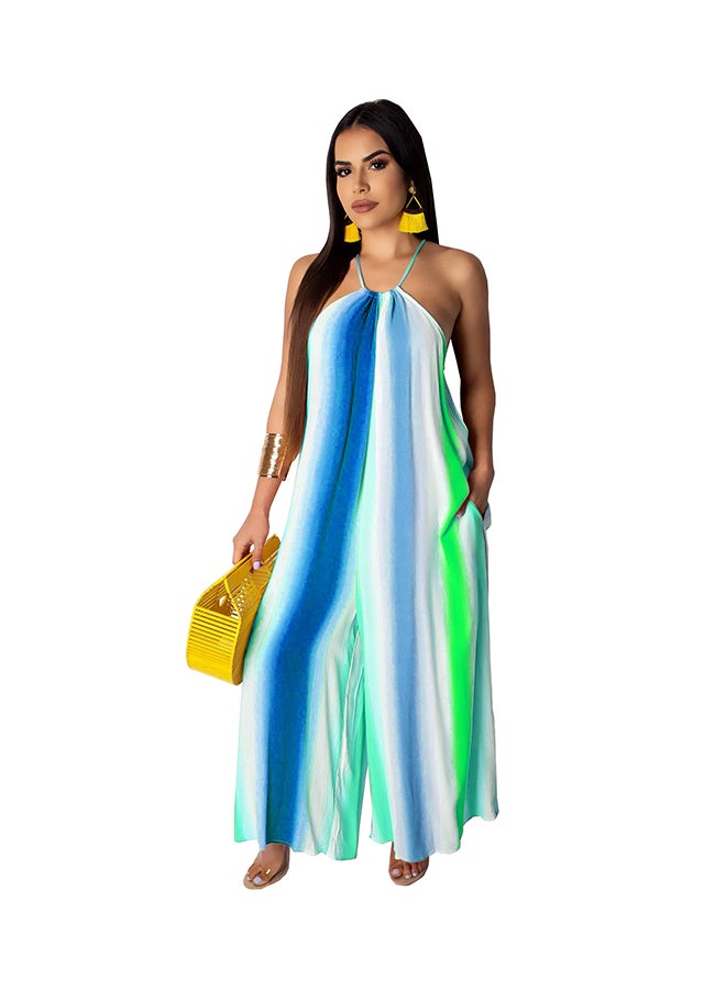 Halter Neck Wide Leg Jumpsuit Blue/White/Green  - Image 1