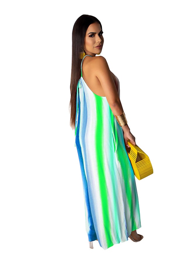 Halter Neck Wide Leg Jumpsuit Blue/White/Green  - Image 2