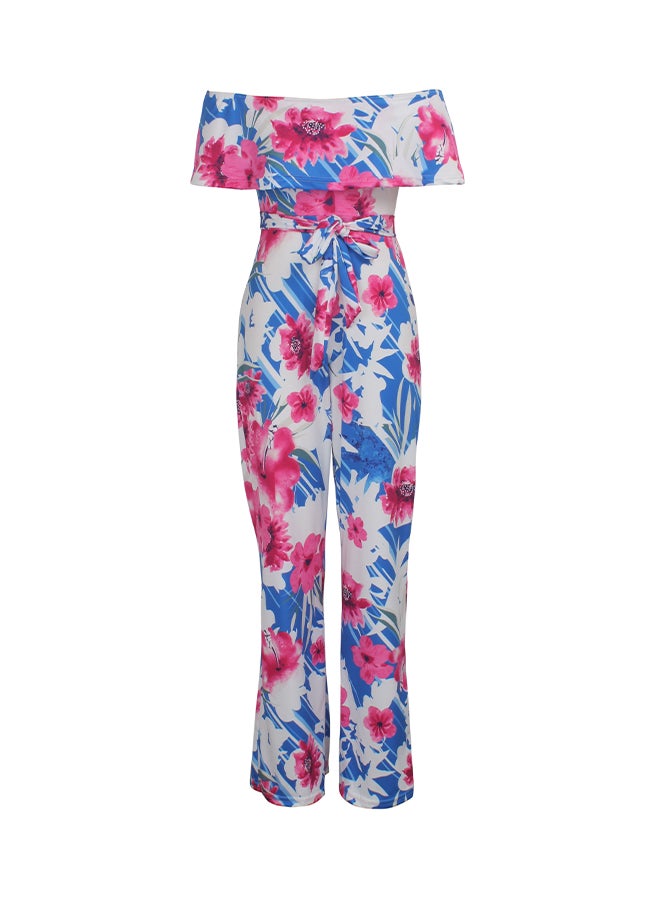 Digital Print Off-Shoulder Jumpsuit Pink/White/Blue  - Image 1