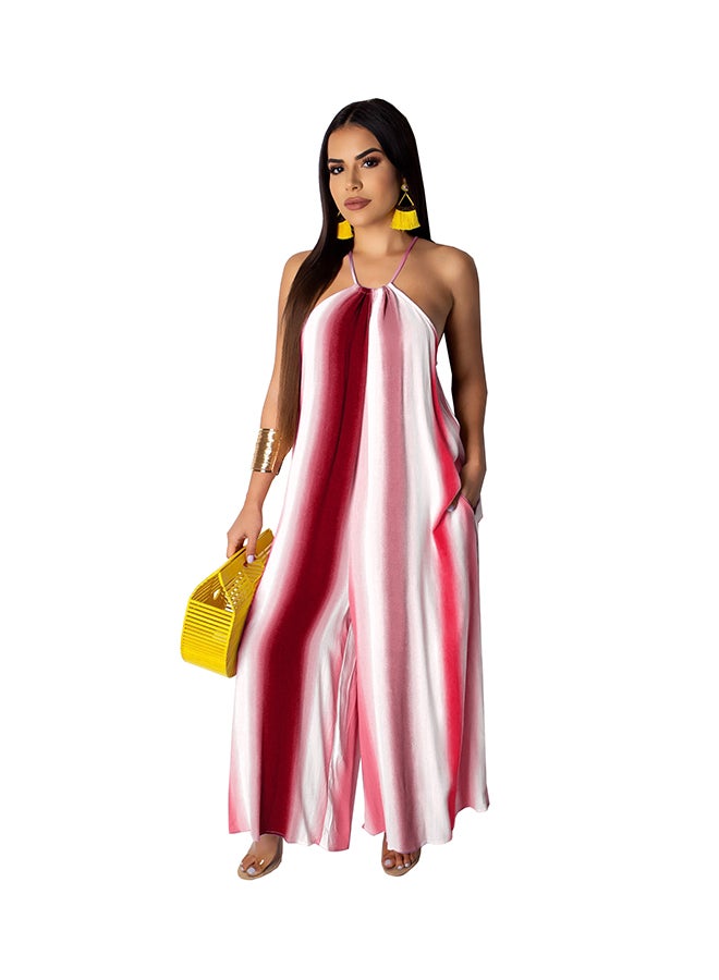 جمبسوت بقصة أرجل واسعة وحمالات حول العنق أبيض/ وردي/ أحمر - Image 1