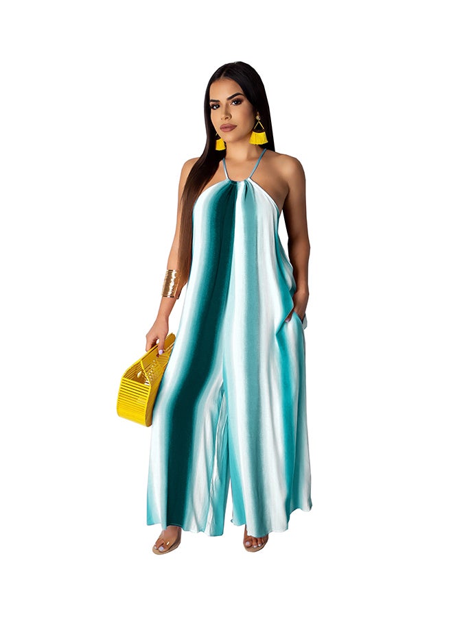 جمبسوت بقصة أرجل واسعة وحمالات حول العنق أزرق وأبيض - Image 1