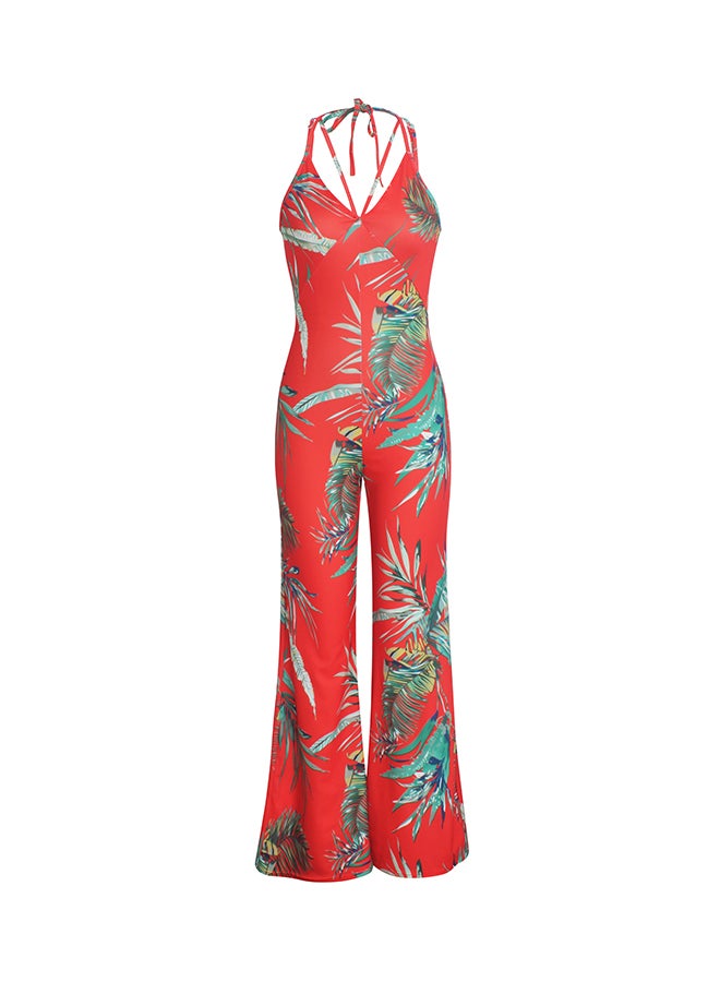 Fashion Printed Halter Straps V-Neck Jumpsuit Red  - Image 1