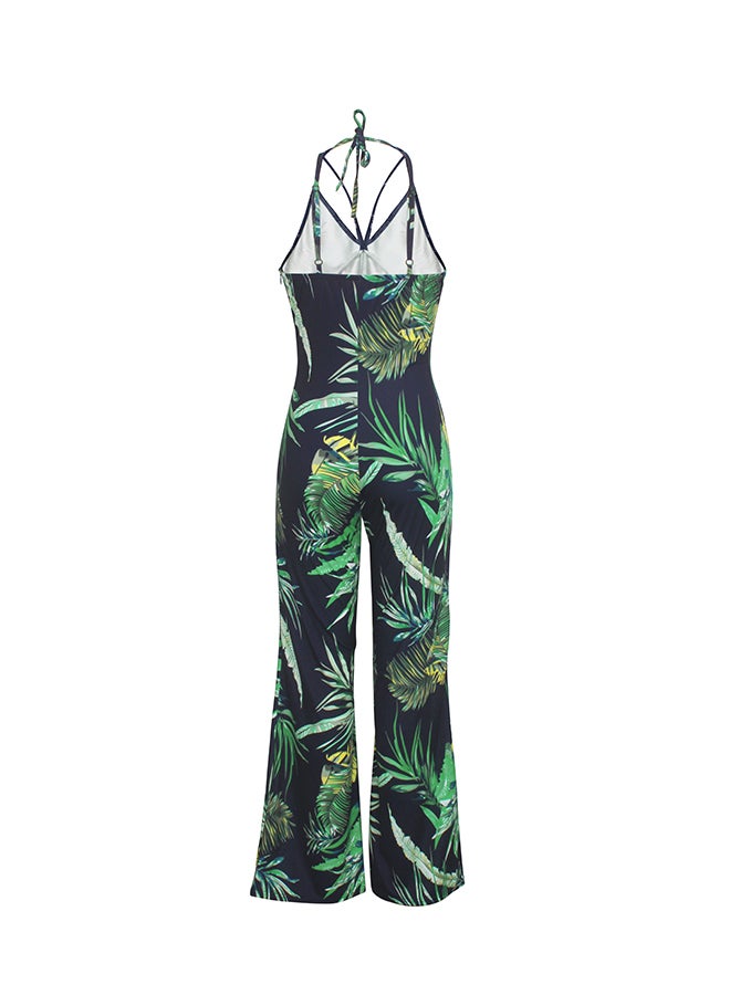 Fashion Printed Halter Straps V-Neck Jumpsuit Dark Blue  - Image 3