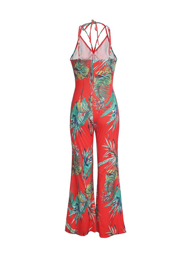 Fashion Printed Halter Straps V-Neck Jumpsuit Red  - Image 3