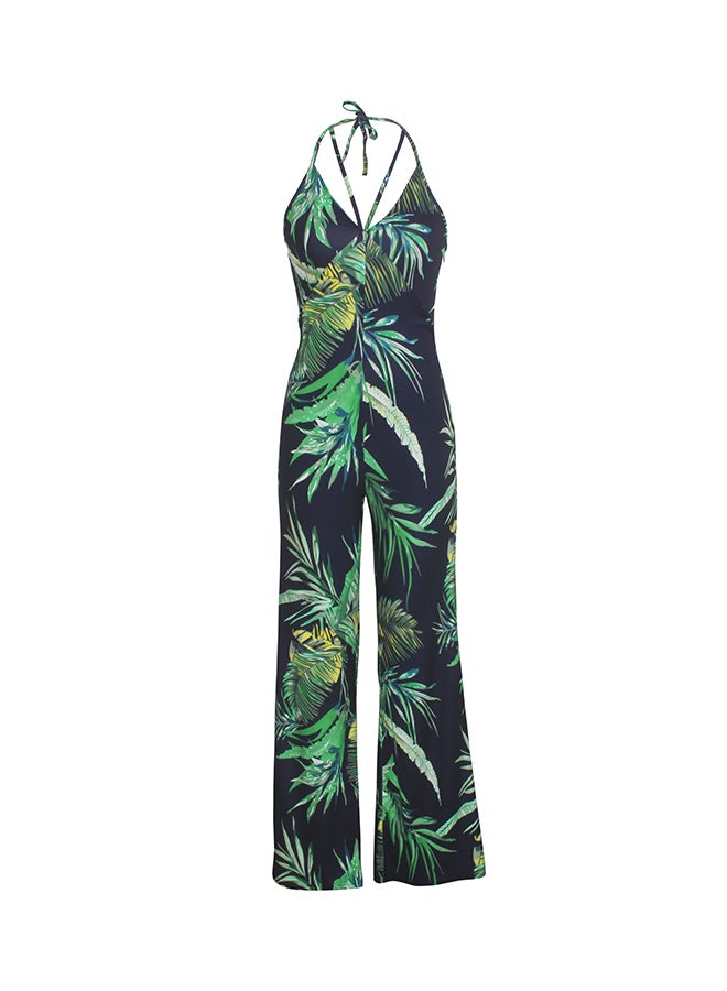 Fashion Printed Halter Straps V-Neck Jumpsuit Dark Blue  - Image 1