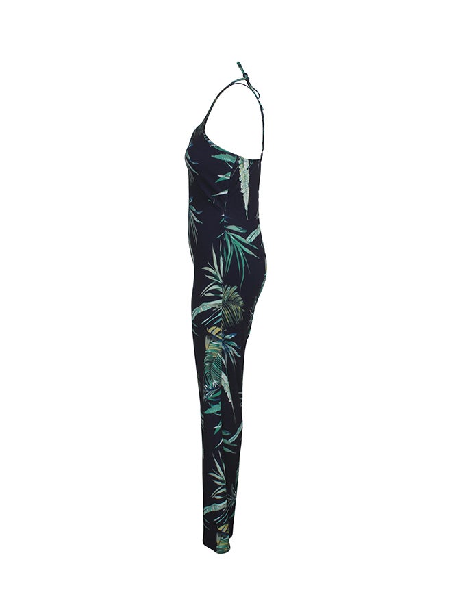 Fashion Printed Halter Straps V-Neck Jumpsuit Dark Blue  - Image 2