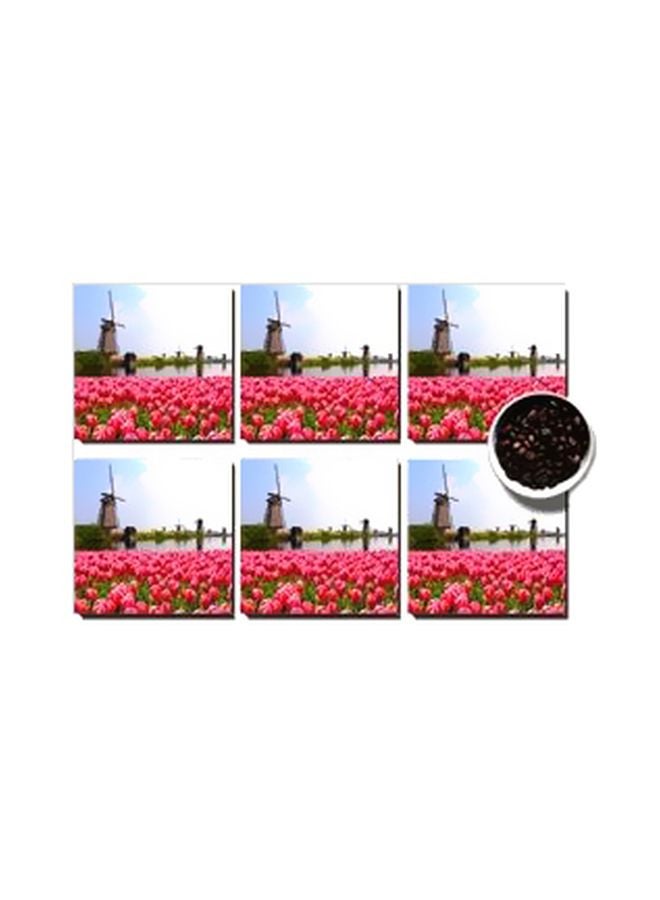 7-Piece Coaster With Tray Set Blue/Pink/Green 7x7cm