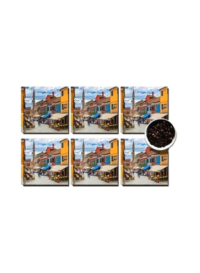 7-Piece Coaster With Tray Set Blue/Yellow/White 7x7cm