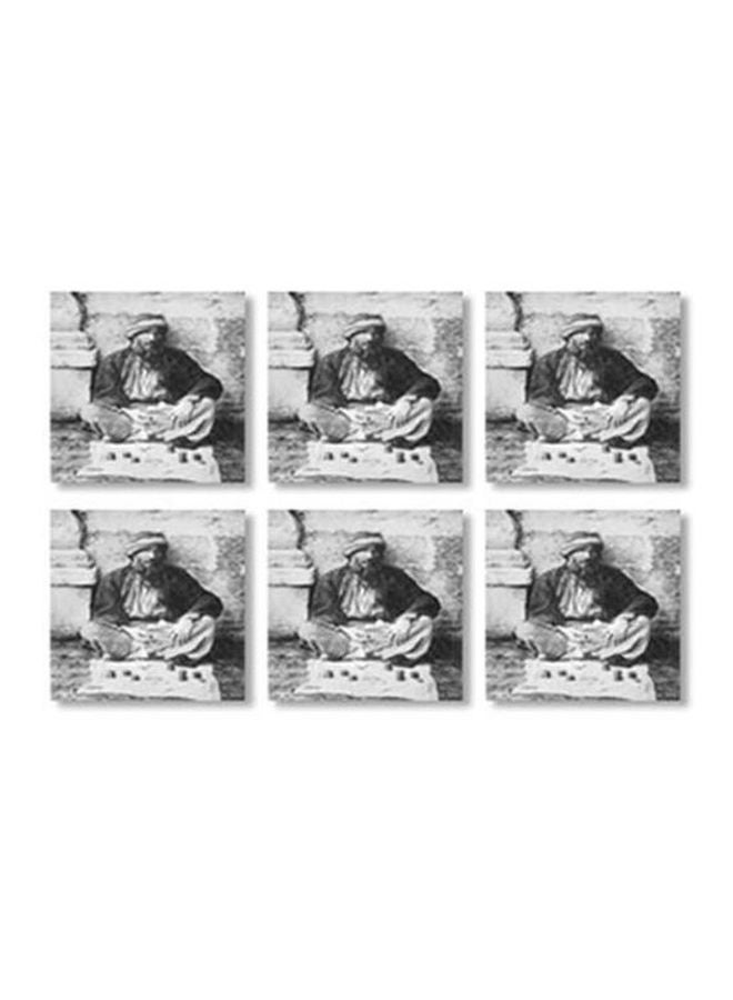 6-Piece Printed Tea Coaster Set White/Black 9X9cm