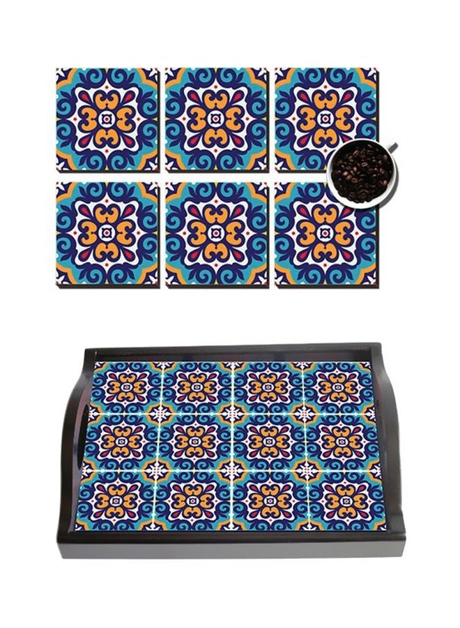 فوتو بلوك طقم حامل أكواب مع صينية خشبية بطبعة من 6 قطع أزرق/أصفر/أبيض