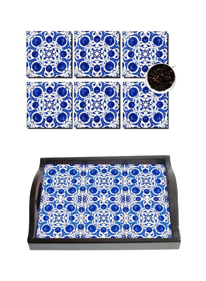 PHOTOBLOCK 6-Piece Printed Coaster With Wooden Tray Set Blue/White 