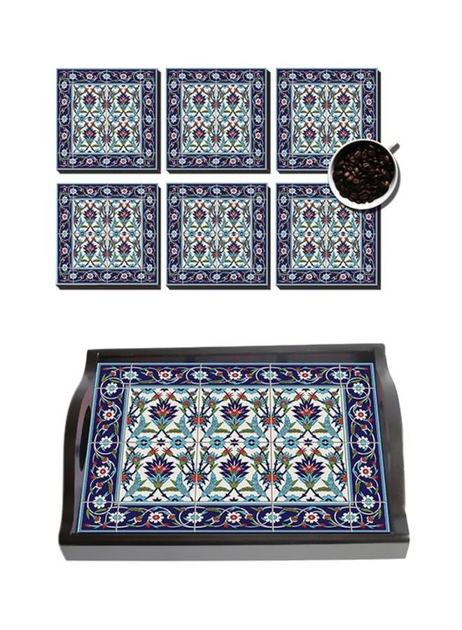 PHOTOBLOCK 6-Piece Printed Coaster With Wooden Tray Set Blue/White/Green 