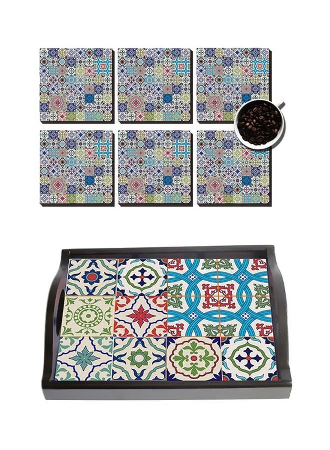 طقم حامل أكواب مع صينية خشبية بطبعة من 6 قطع أزرق/أبيض/أحمر