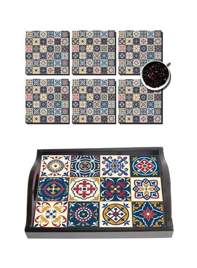 PHOTOBLOCK - 6-Piece Printed Coaster With Wooden Tray Set Blue/Beige/Red - Image 1
