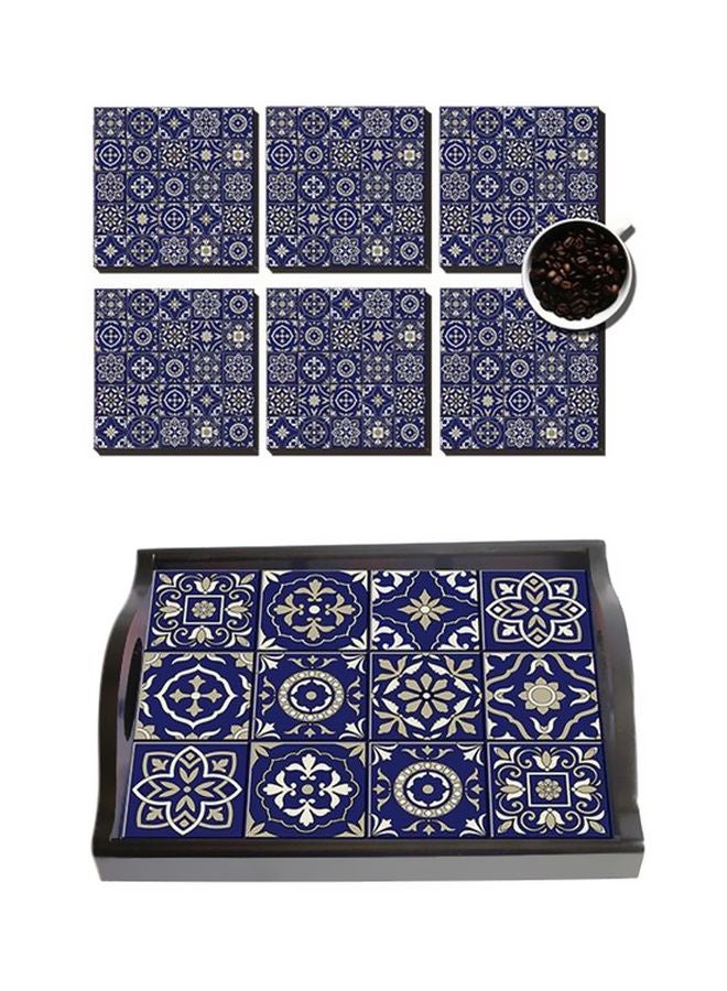 PHOTOBLOCK - 6-Piece Printed Coaster With Wooden Tray Set Blue/Beige/White - Image 1