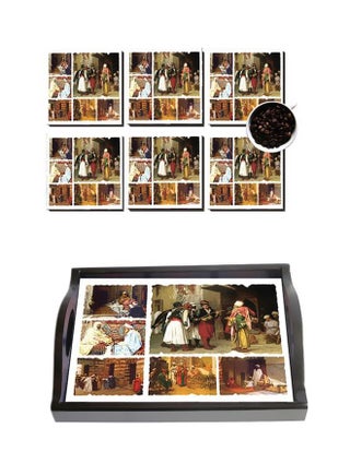 6-Piece Printed Coaster With Wooden Tray Set Beige/Black/Red - v1565954085/N29118812A_1