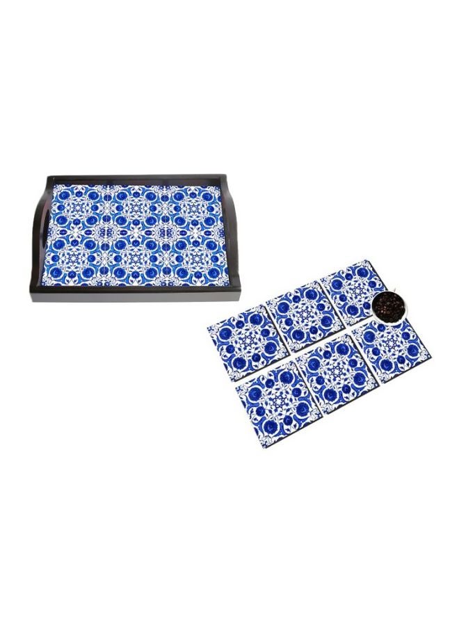 PHOTOBLOCK 6-Piece Coaster With Tray Set Blue/White 