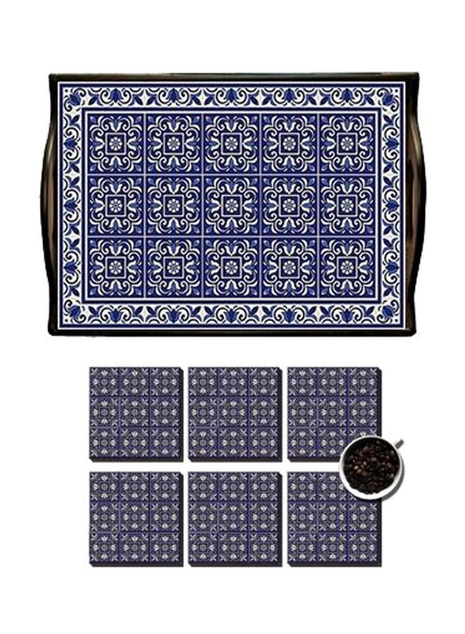 مجموعة حاملة أكواب مع صينية تقديم من 6 قطع أزرق/ أبيض