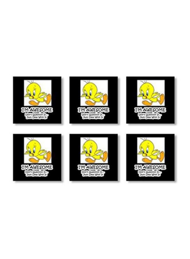 6-Piece Printed Coaster Set Black/Yellow/White 9x9cm