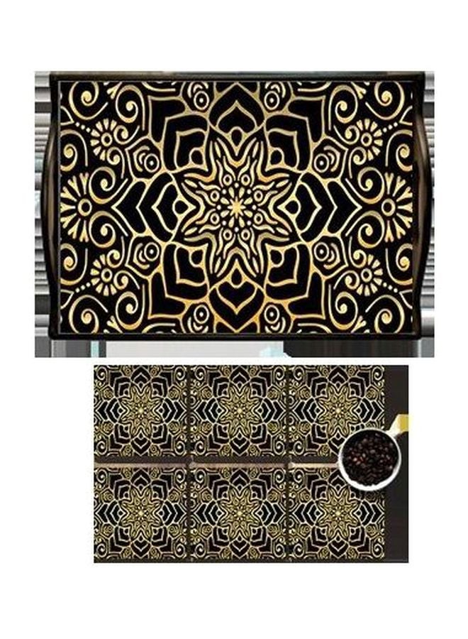Photo Block 6-Piece Ramdan Printed Coaster With Tray Black/Gold 
