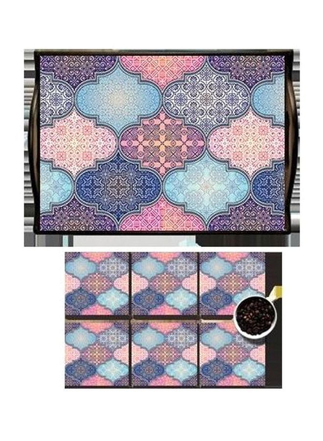 صينية مع حاملة أكواب من 6 قطع مزينة بطبعة رمضانية الأسود/ الوردي/ الأزرق