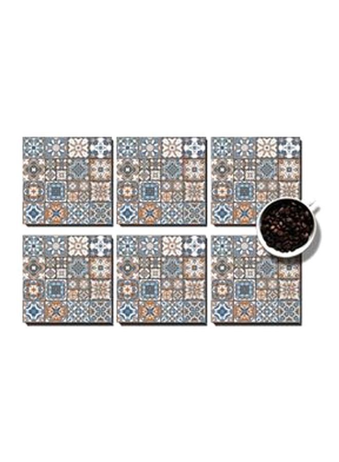 فوتو بلوك مجموعة حاملات أكواب مع صينية بتصميم نقشة أندلسية من 6 قطع بيج/أزرق/أبيض - Image 1