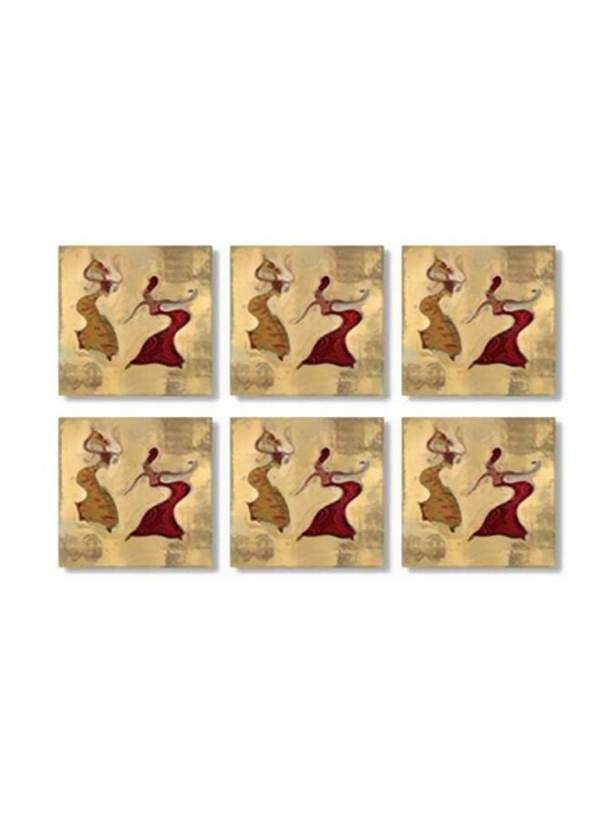 6-Piece Printed Tea Coaster Set Beige/Yellow/Red 9x9cm