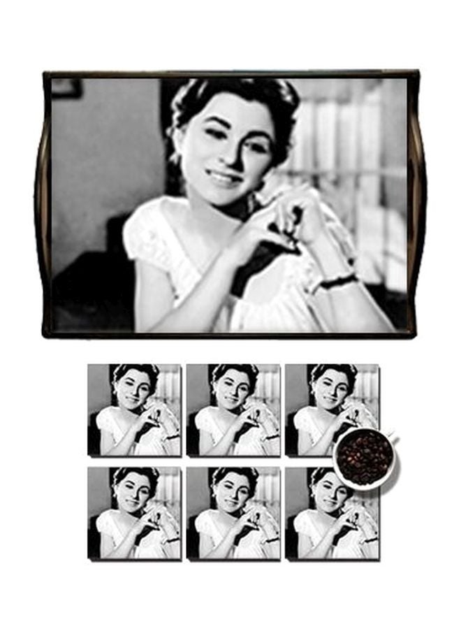 فوتو بلوك طقم صينية تقديم مع حاملة أكواب مكون من 7 قطع أبيض/ أسود