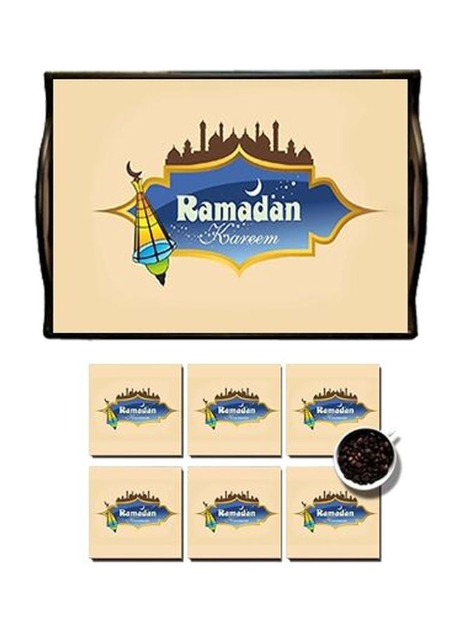 Photo Block 7-Piece Serving Tray With Coaster Set Beige/Blue/Gold 