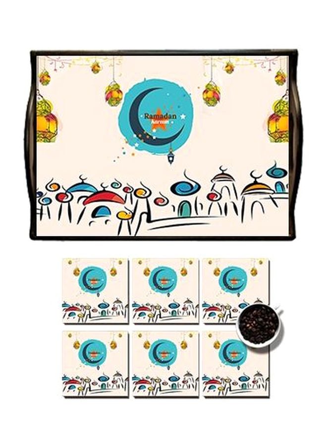 Photo Block 7-Piece Serving Tray With Coaster Set Beige/Blue/Orange 