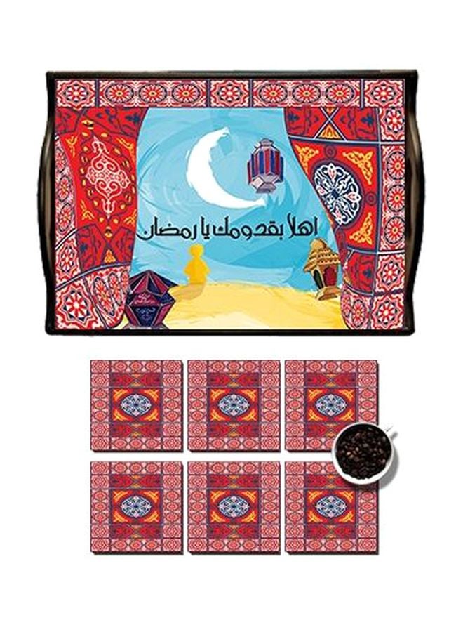 Photo Block 7-Piece Serving Tray With Coaster Set Red/Blue/White 